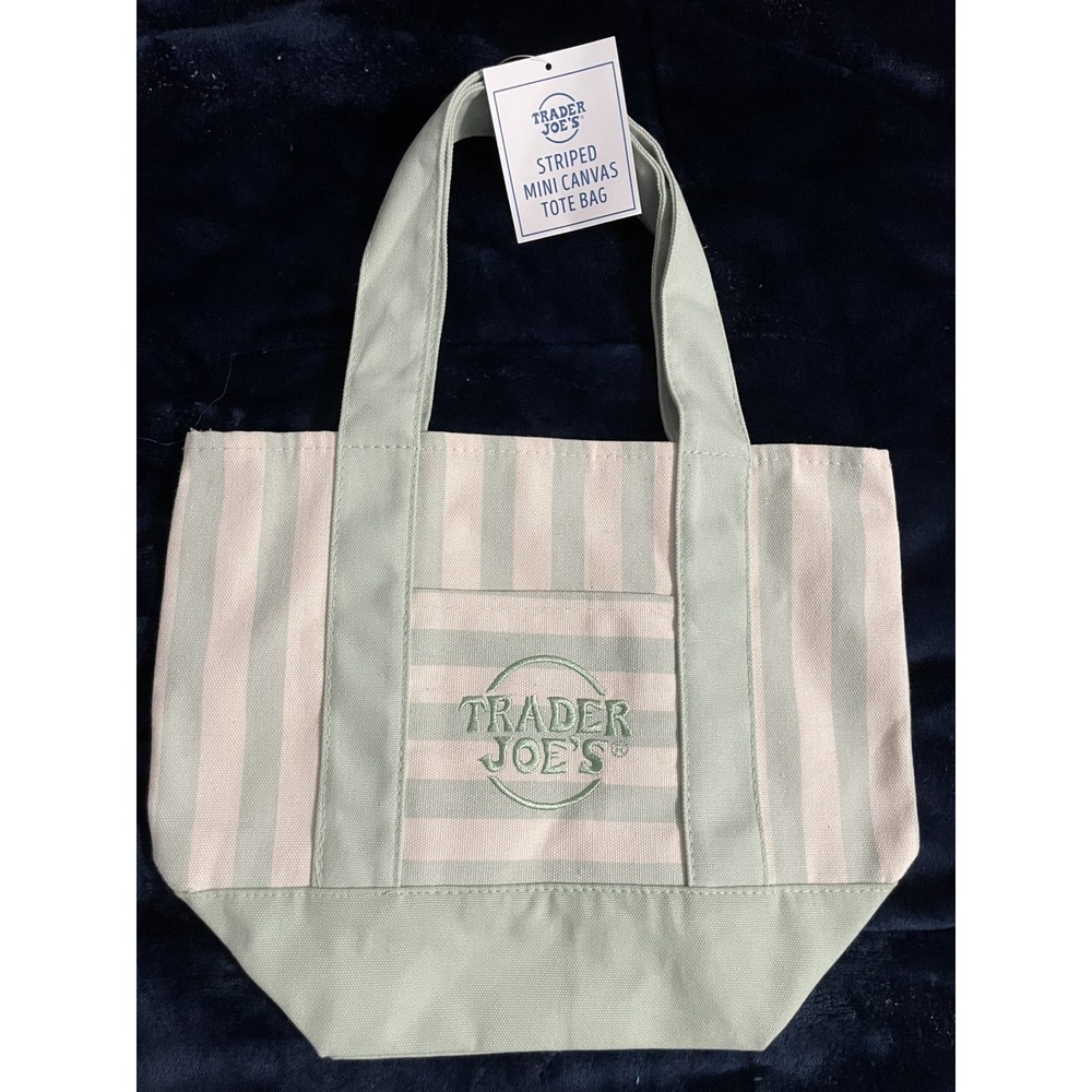 NWT Trader Joe's Striped Mini Canvas Tote Bag - Sage Green | Limited Edition